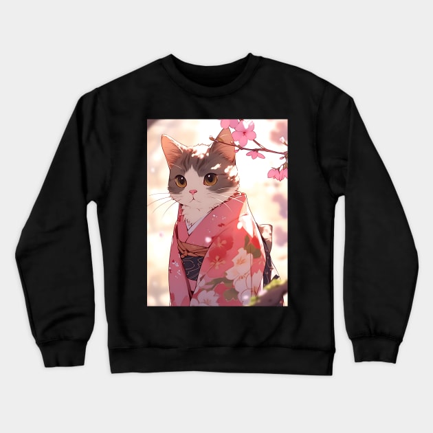 Cute Adorable Cat wearing a Kimono - Anime Wallpaper Crewneck Sweatshirt by KAIGAME Art